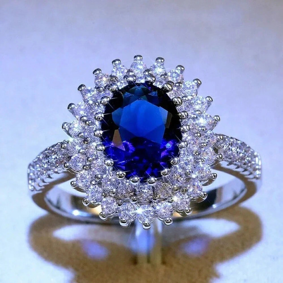 NEW 925 Silver Diamond Oval Sapphire Halo Ring - Picture 5 of 8